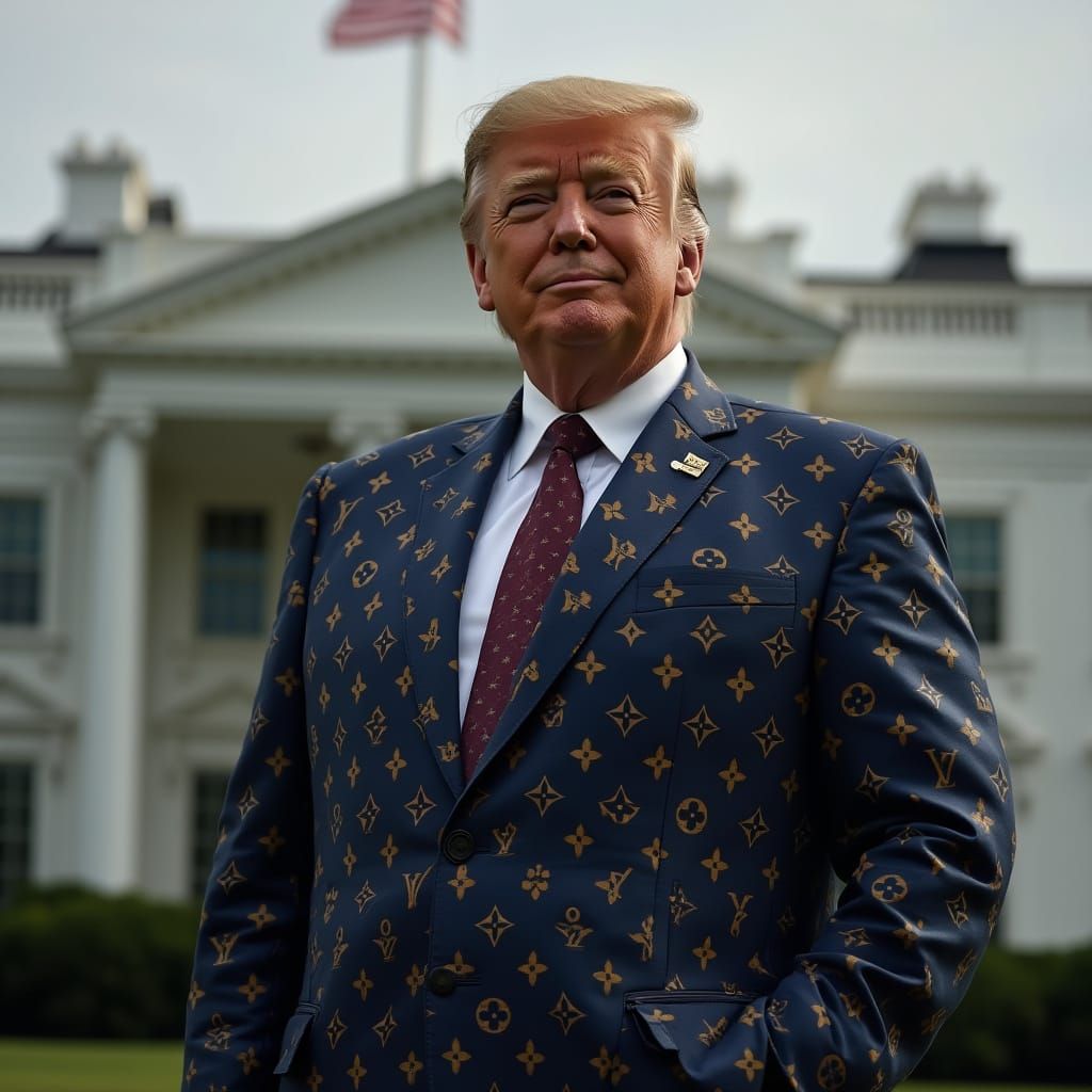 Confident Donald Trump in Louis Vuitton Suit at the White Ho...