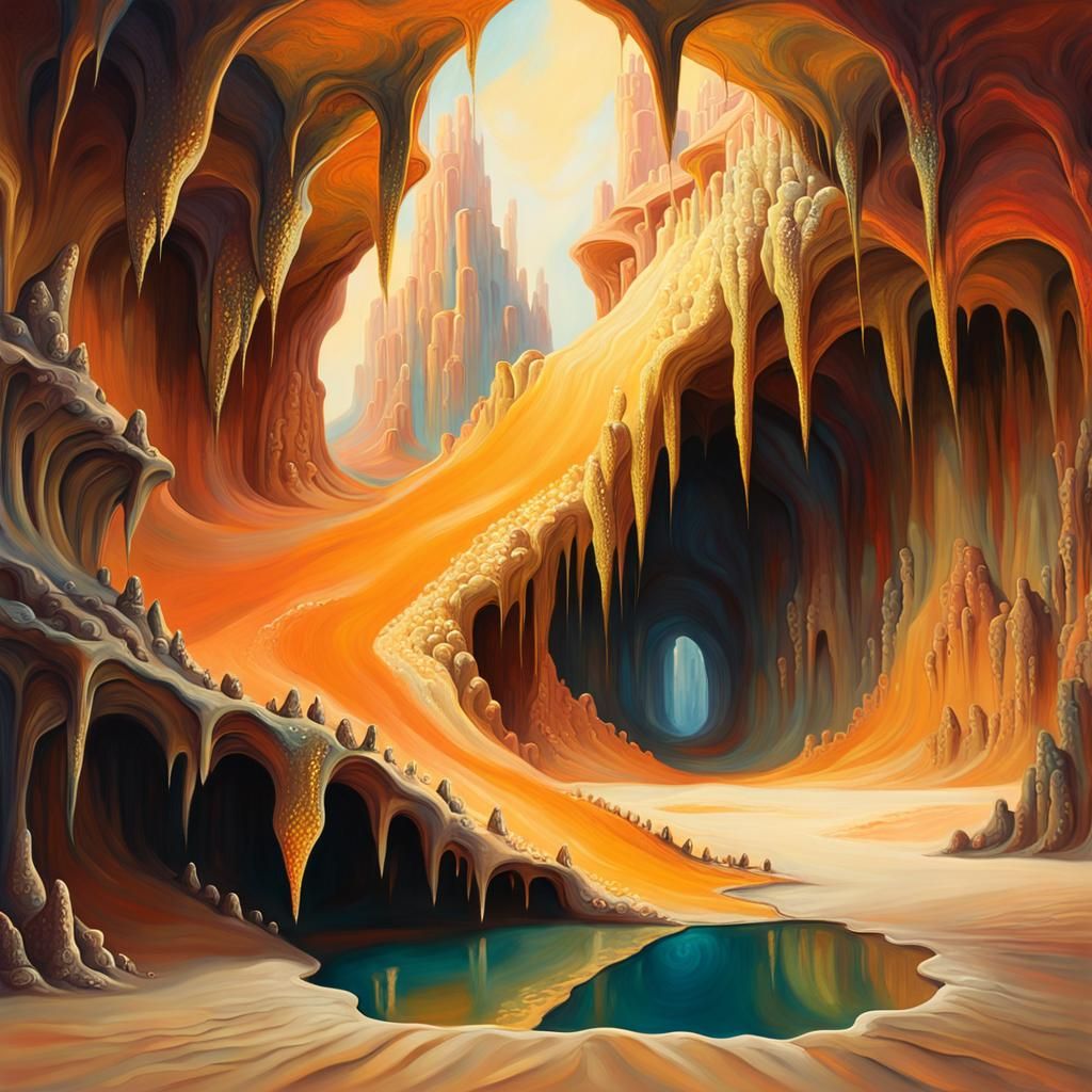 Surreal Cave Scene with Iridescent Scales as Oil Painting