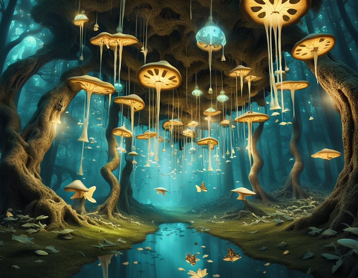 Surreal Forest with Melting Clocks and Clockwork Butterflies