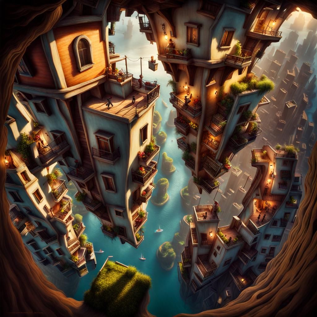 Whimsical Upside Down Cityscape in Photorealistic Style