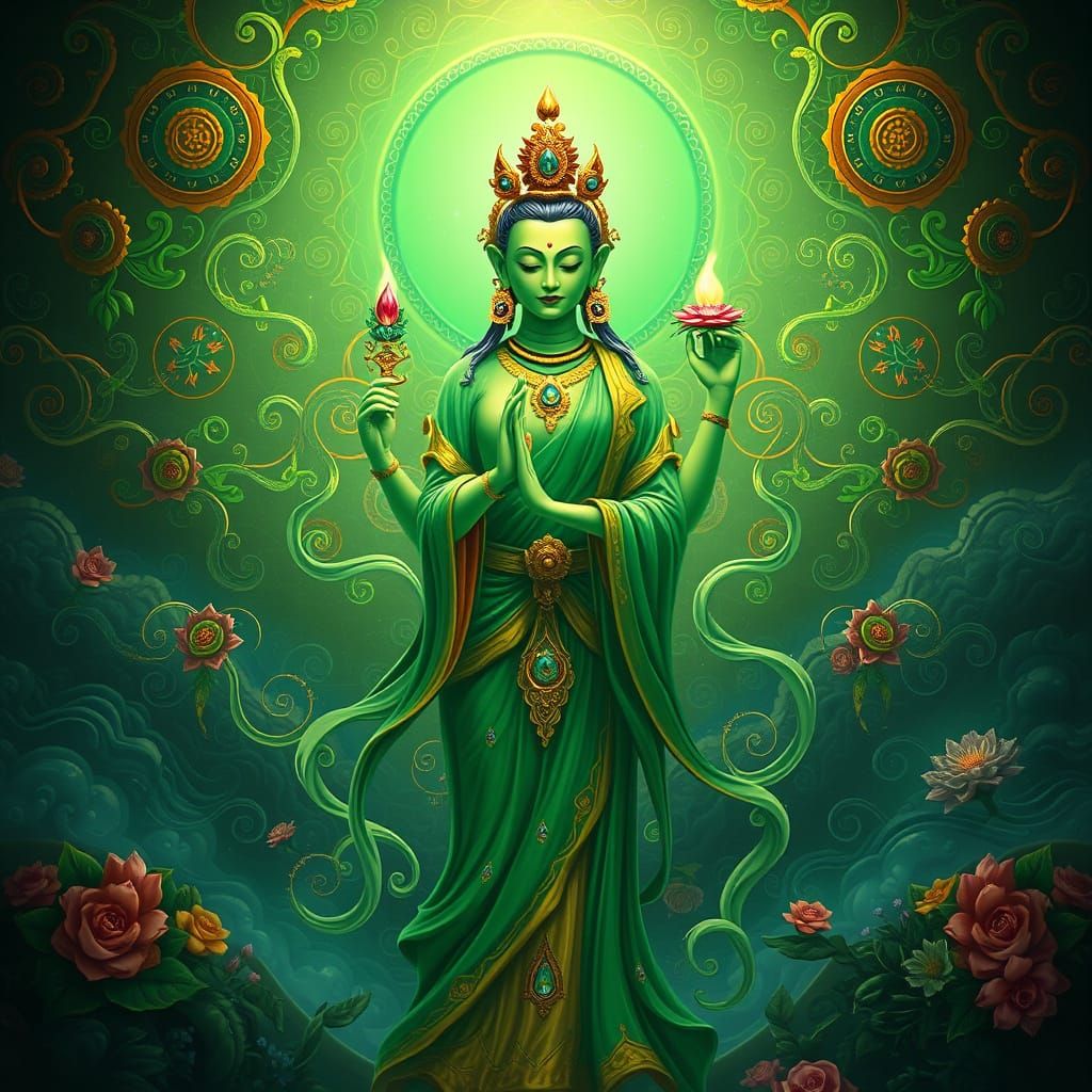 Majestic Green Tara in Enchanted Tibetan Landscape