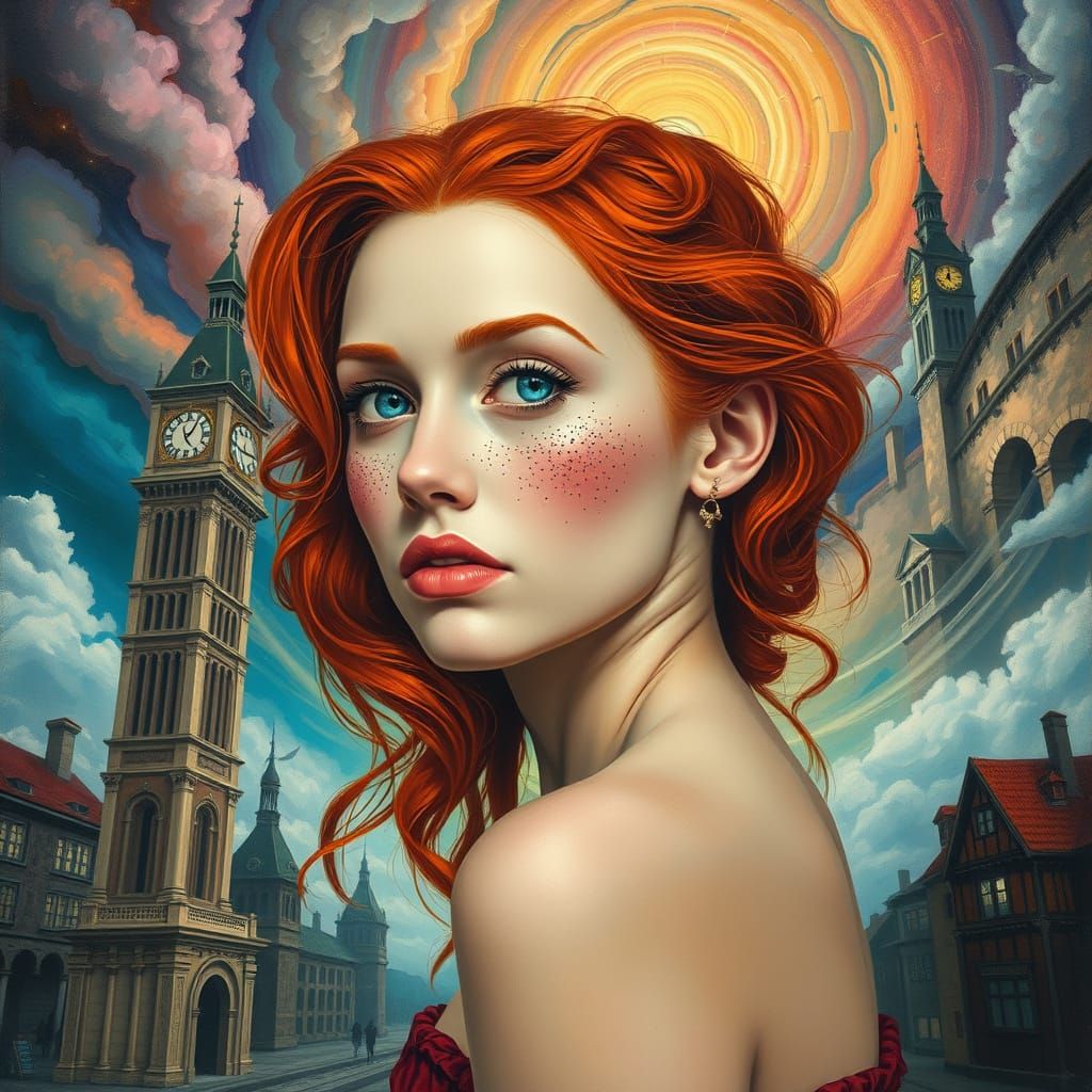 Woman in Whimsical Dreamscape with Melting Clock Towers