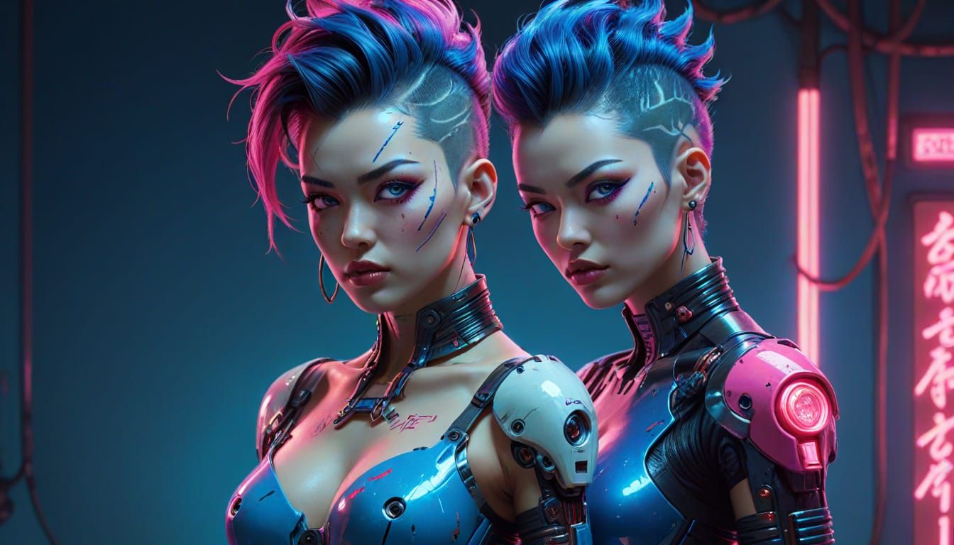Cyberpunk Android Pinup with Neon Reflections