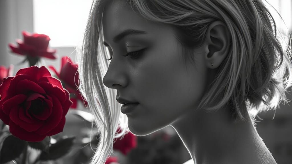 Monochromatic Portrait of Woman with Red Roses