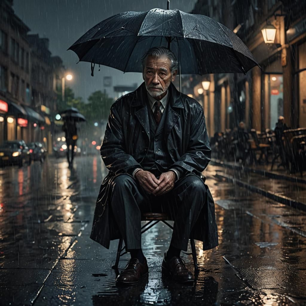 Melancholic Man in Rainy Dark Academia Scene