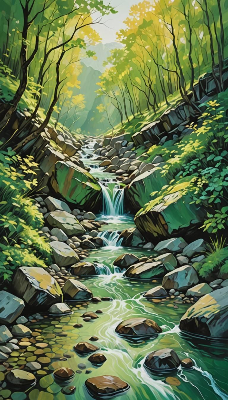 Luminous Green Stream Flowing Over Rocks