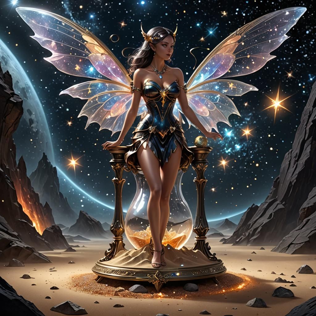 Demonic Fairy Inspects Crystal Hourglass in Space