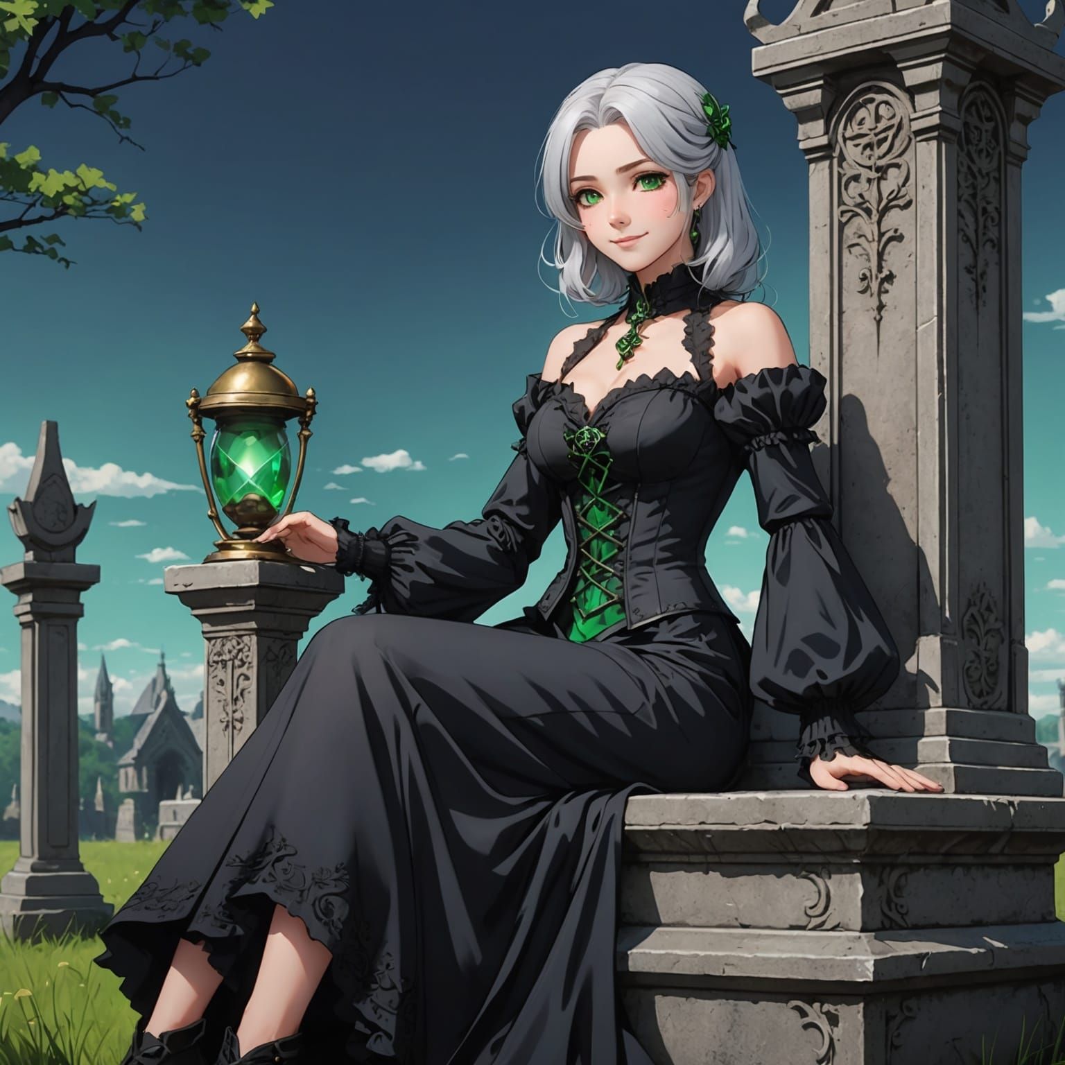 Gothic Anime Woman on Tombstone in Cel-Shaded Style
