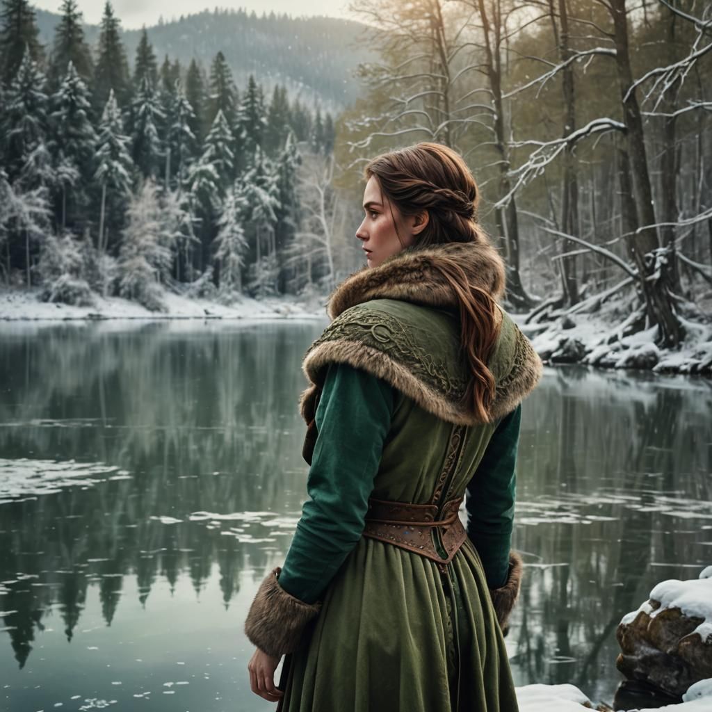 Woman in Snowy Forest, Fantasy Concept Art