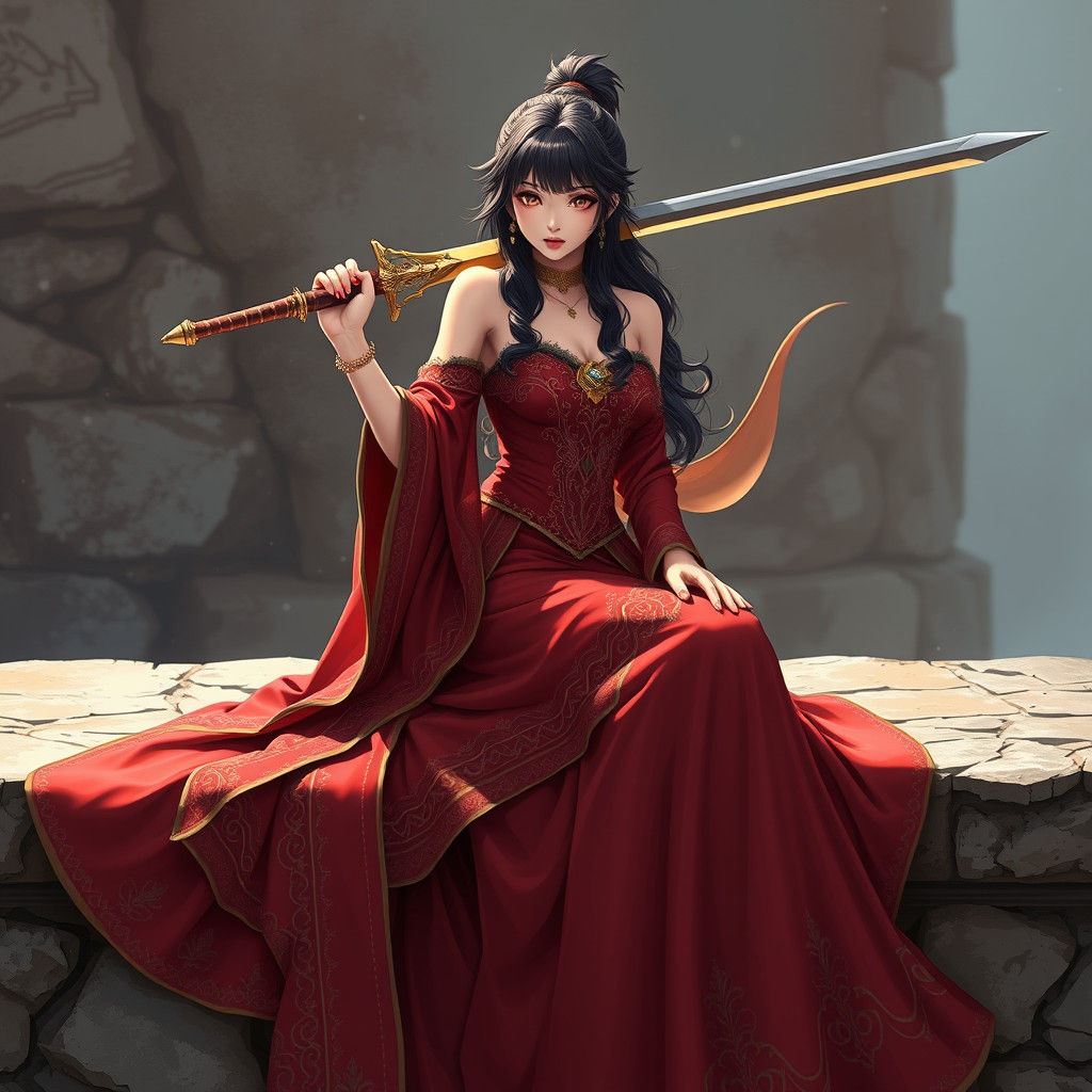 Heroic Woman in Red Dress with Sword, Anime Style