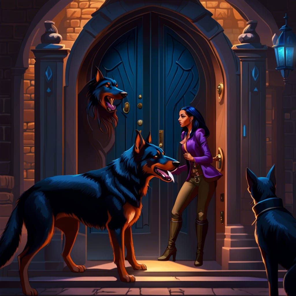 Werewolf Woman and Doberman: Dark Fantasy Digital Art