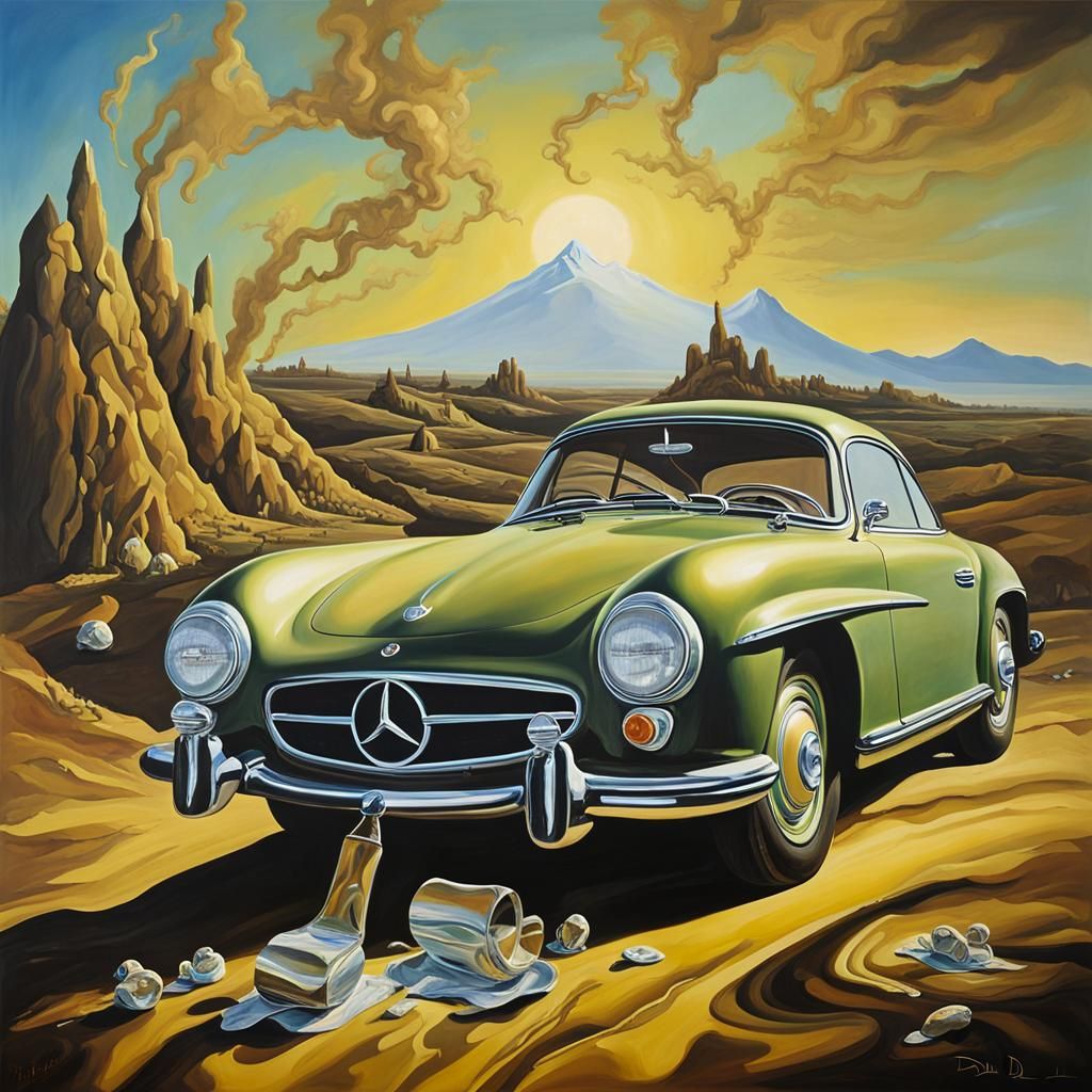 Surrealist Mercedes Benz in Melting Oil on Canvas