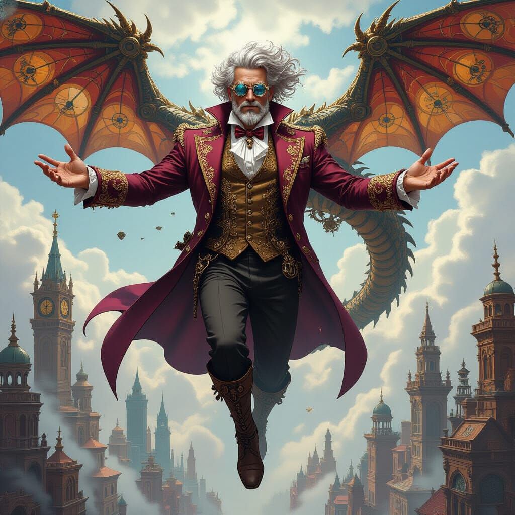 Steampunk God Commands Mechanical Dragon in Fractured City