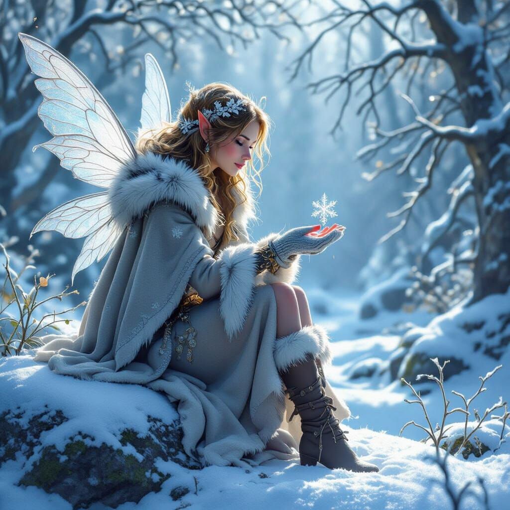 Ethereal Winter Fairy Touches Snowflake in Snowy Forest