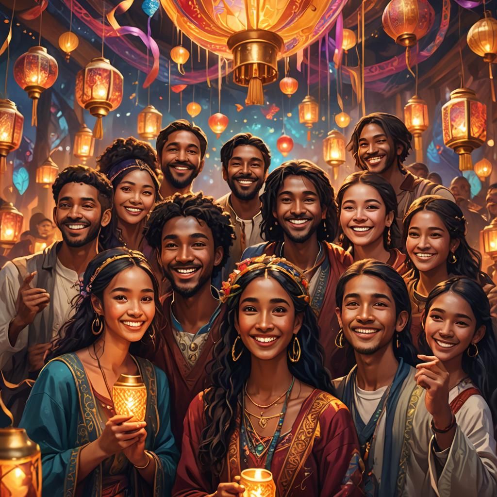 Friends Celebrating Global Unity in Fantasy Art