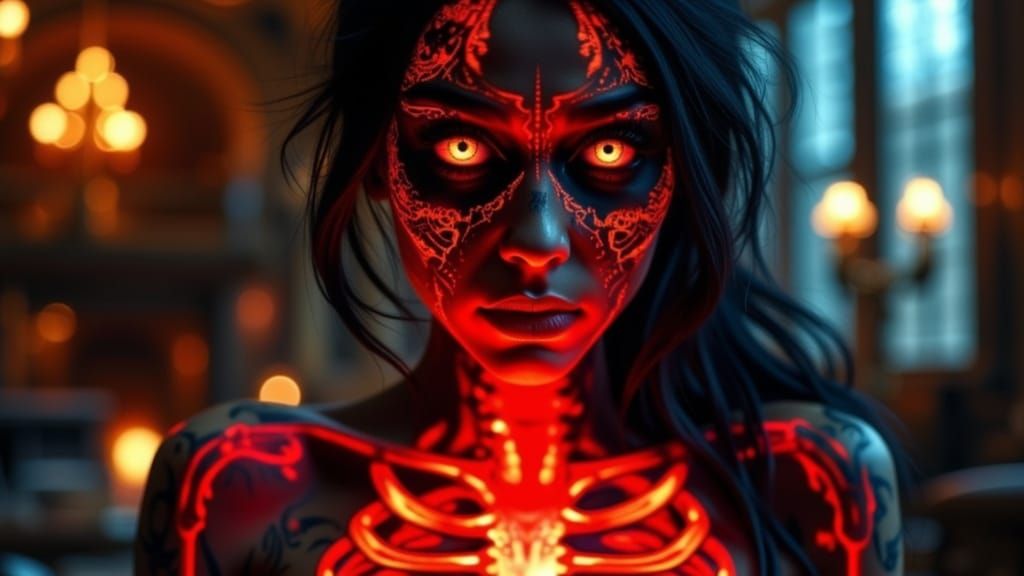 Surreal Portrait of a Seductive Woman with Fiery Eyes and In...