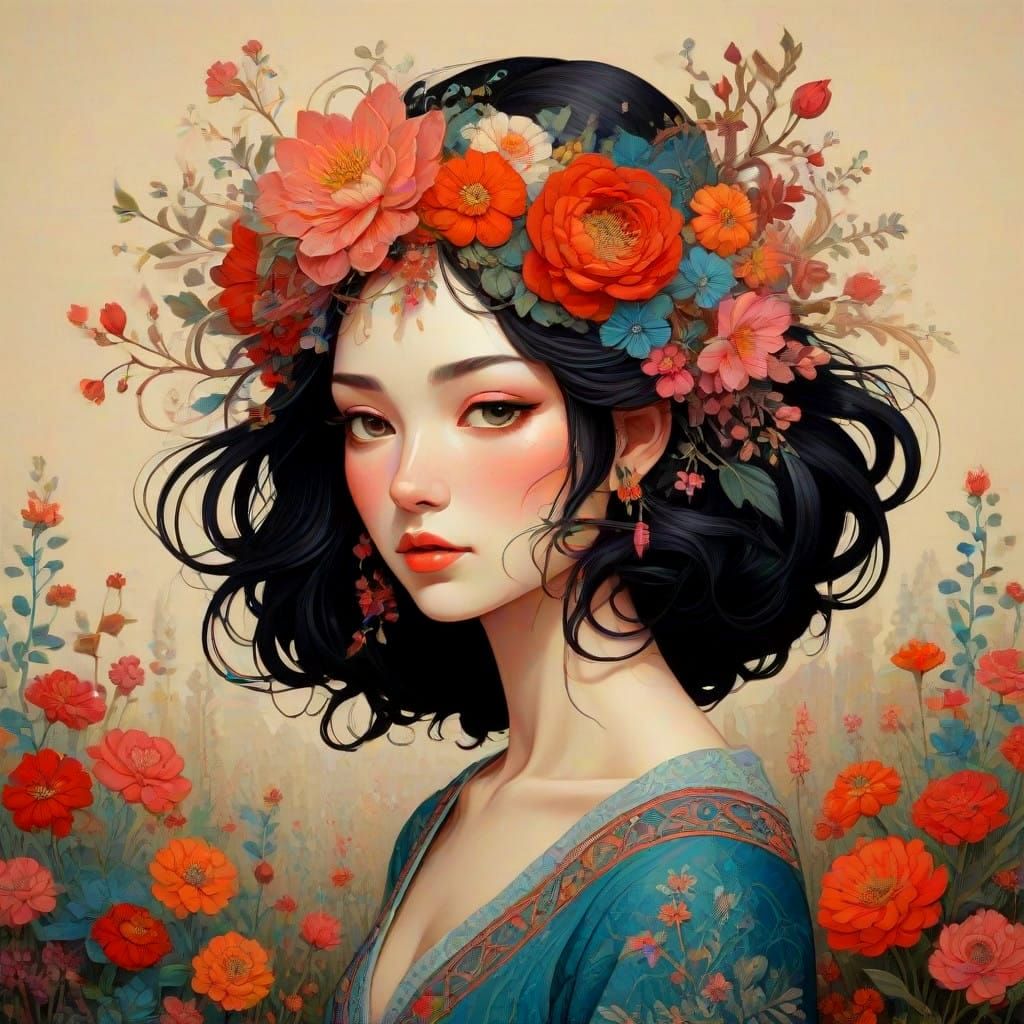 Anime Inspired Woman with Flowers in Intricate Needlepoint S...