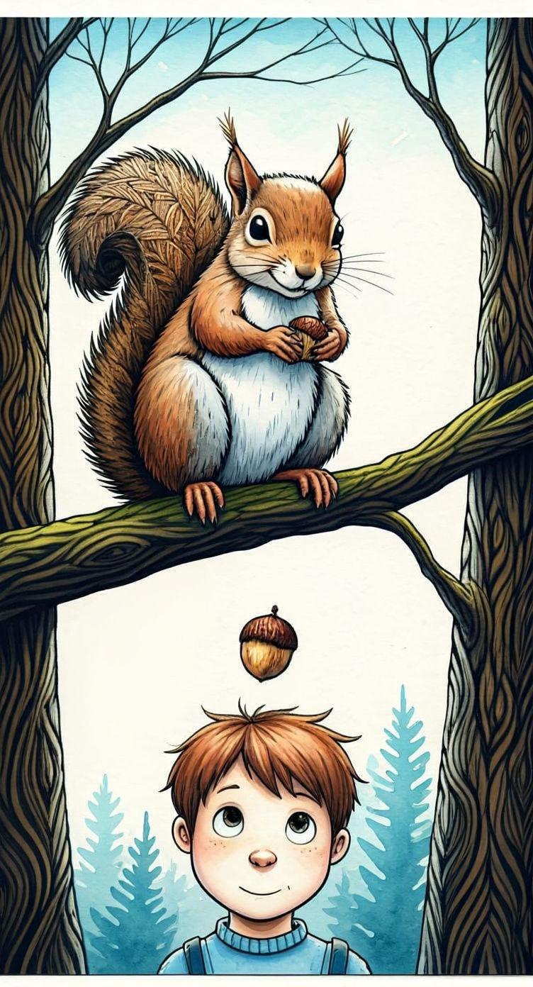 Playful Squirrel Mischief in Watercolor Zentangle