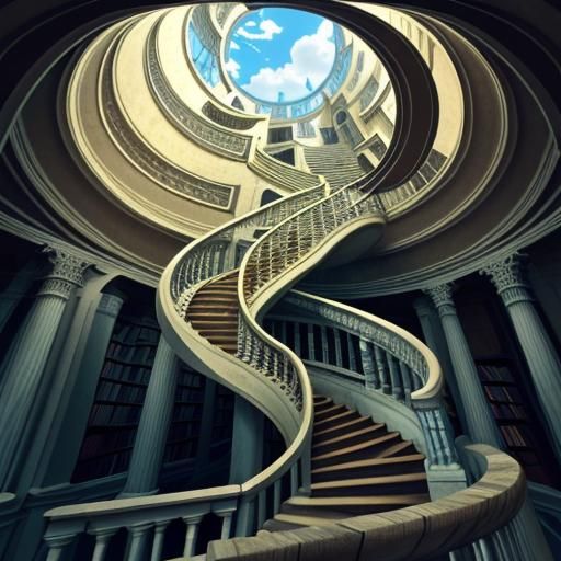 Spiral Staircase Ascends to Celestial Bookstore in Escher-In...