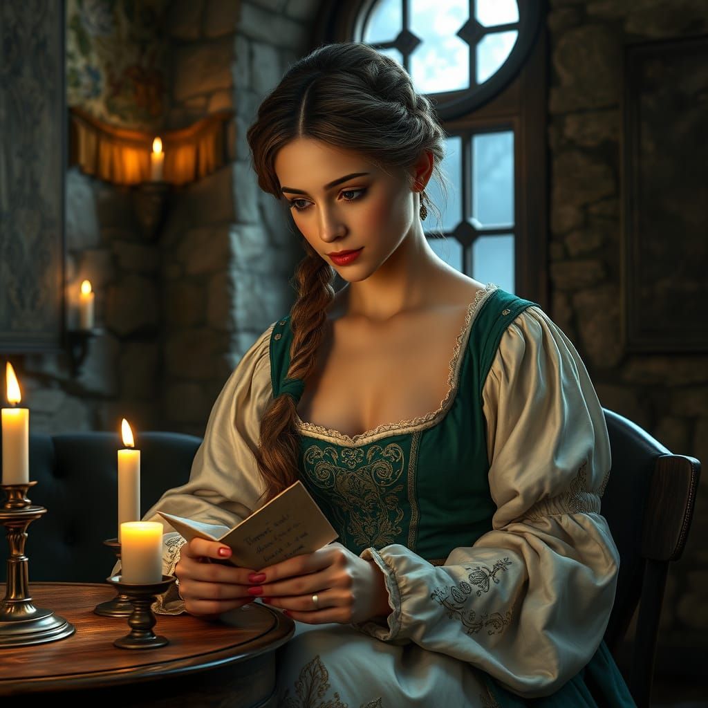 Medieval Maiden Reads Valentine's Day Card in Candlelit Cham...