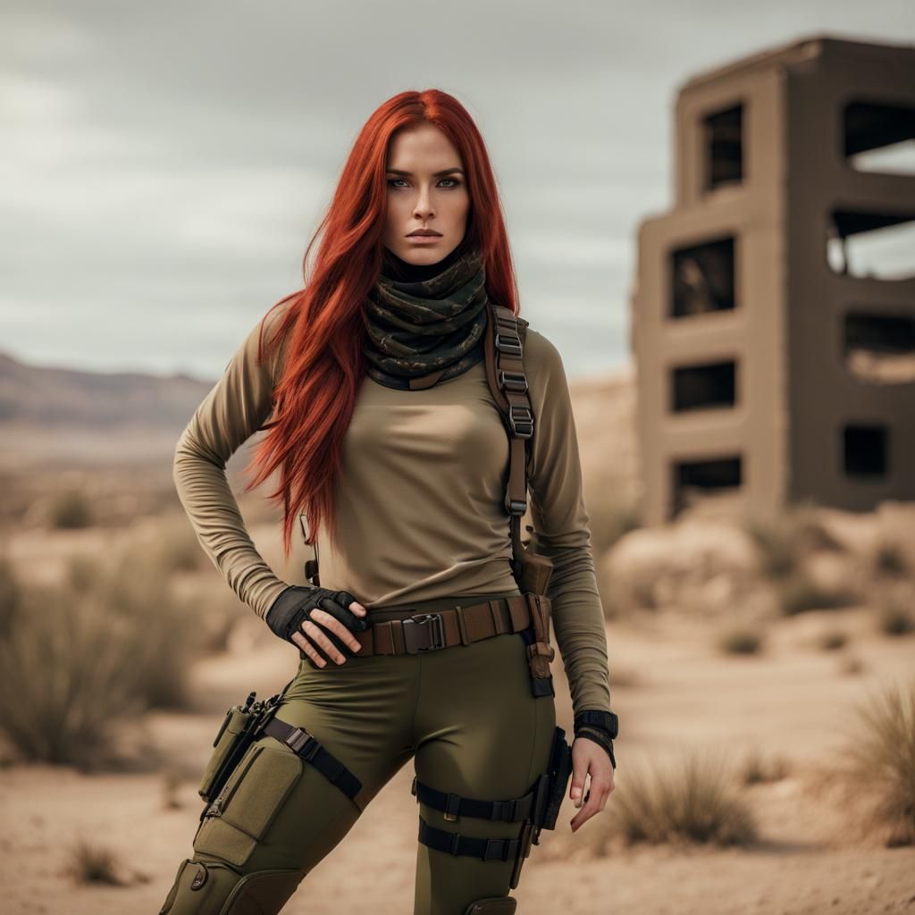 Tactical Woman with Red Hair Posing with Pistol