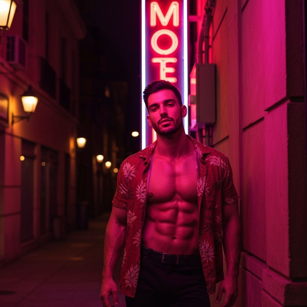 Man in Neon-Lit Retro Cityscape at Night