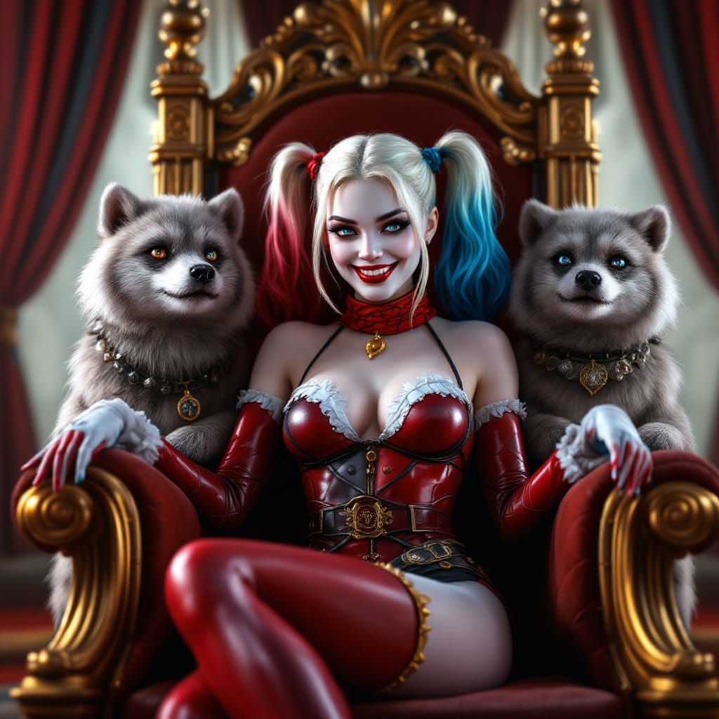 Harley Quinn on Throne in Hyperrealistic Digital Art