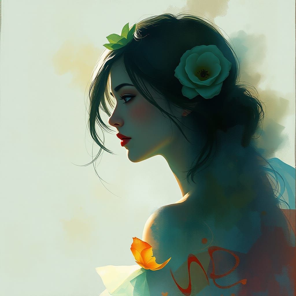 Mystic Silhouette Girl, Detailed Watercolor Concept Art