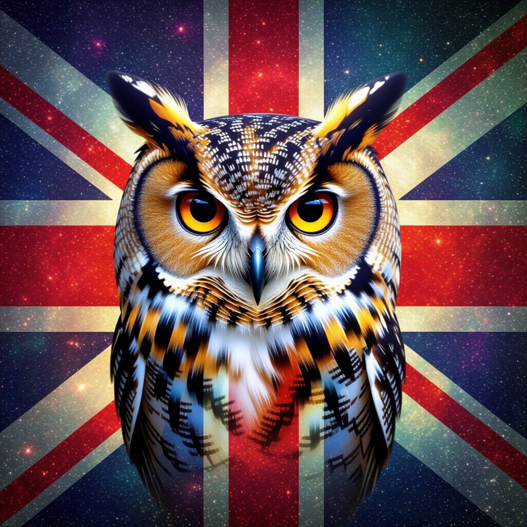 English Flag Owl in Cosmic Astral Illustration