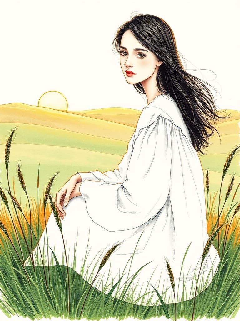 Slavic Girl in Field: Pen Sketch in Wyeth Style