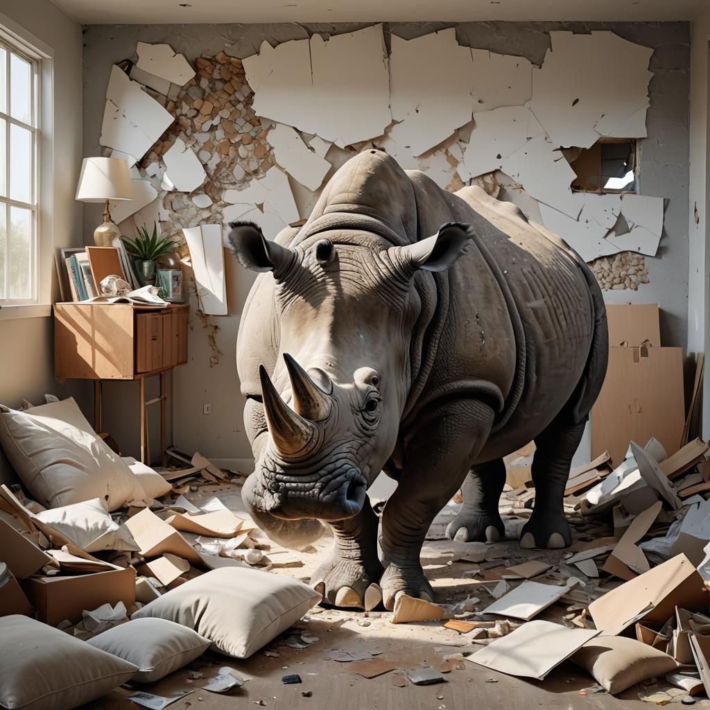 Gritty Realism: Rhino Charges Through Modern Living Room