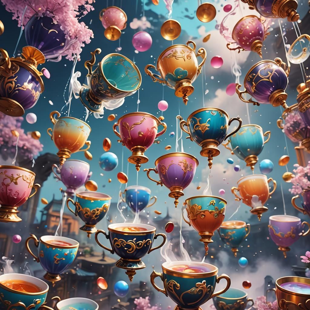 Mystical Cups in Surreal Anime Style
