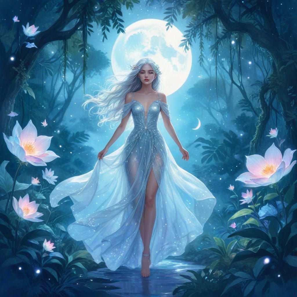 Ethereal Woman in Bioluminescent Jungle Watercolor