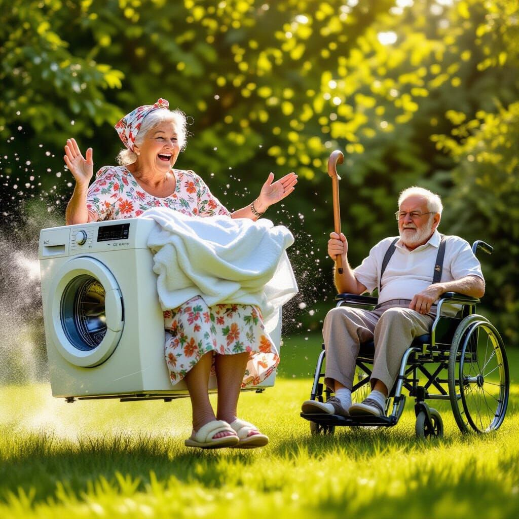 Elderly Woman Rides Washing Machine Through Sunny Yard