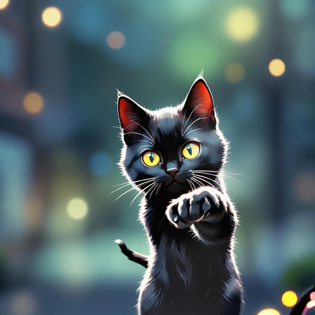 Tiny Black Cat on Finger in Anime Style