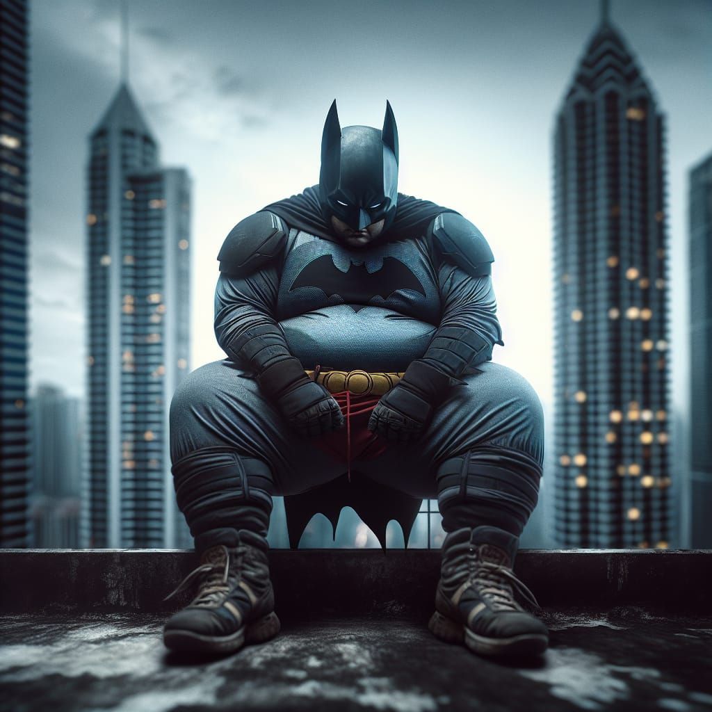 Hefty Bat Superhero Rests on Skyscraper, HDR Image