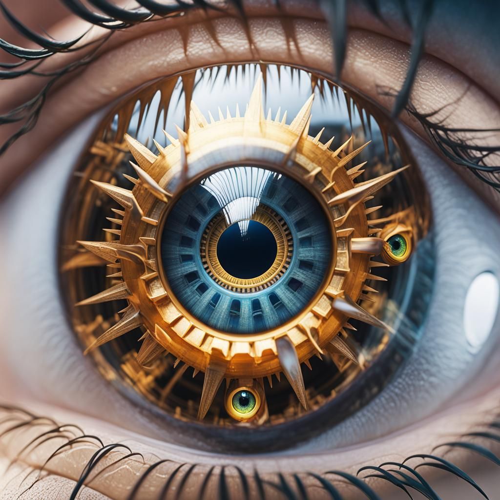 Double exposure Eye, close up of a person's eye , water shaped like mad asylum inmate Inside Iris inspired, by Igor Mors...