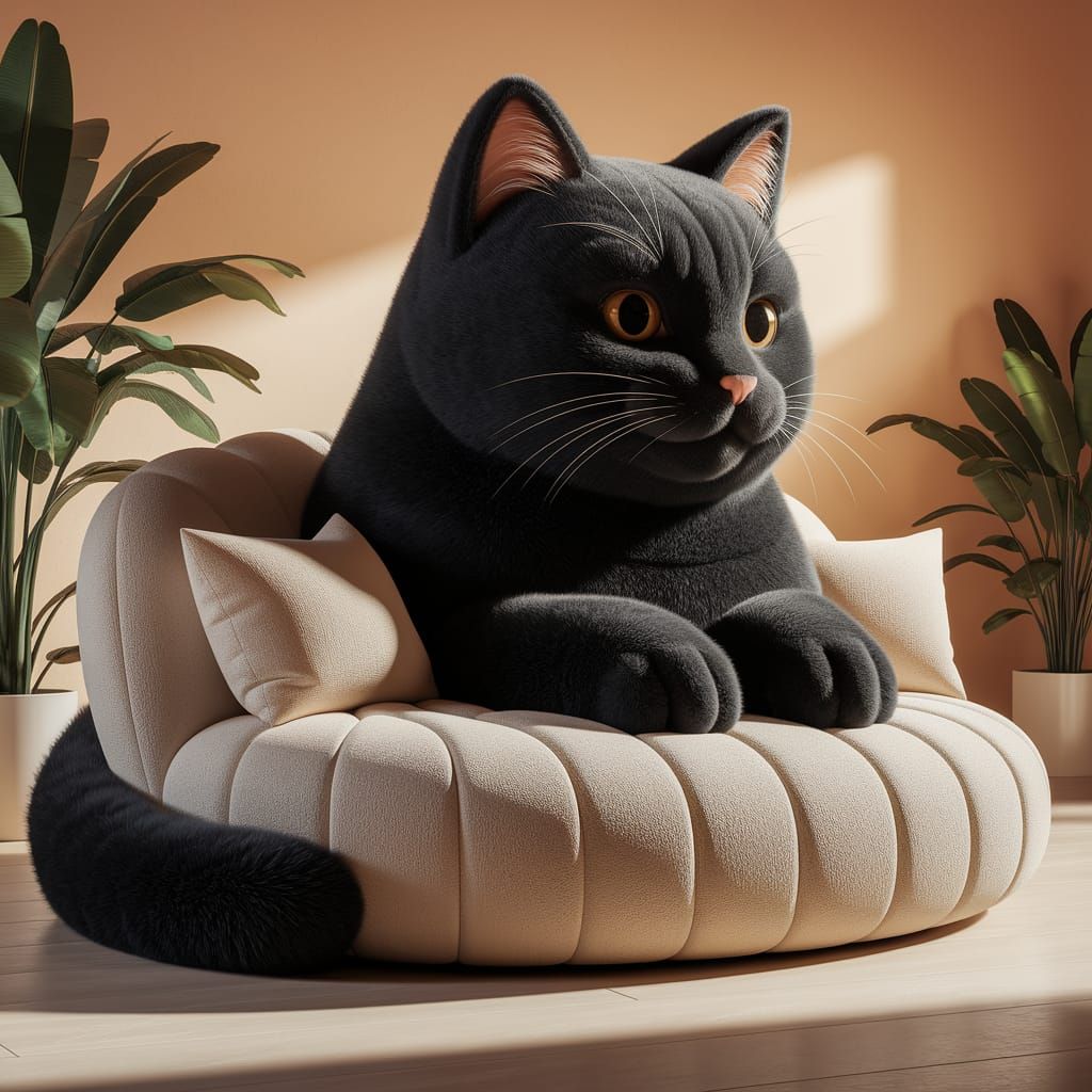 Cozy, 3D-Rendered Cat-Shaped Couch in a Warm Living Room