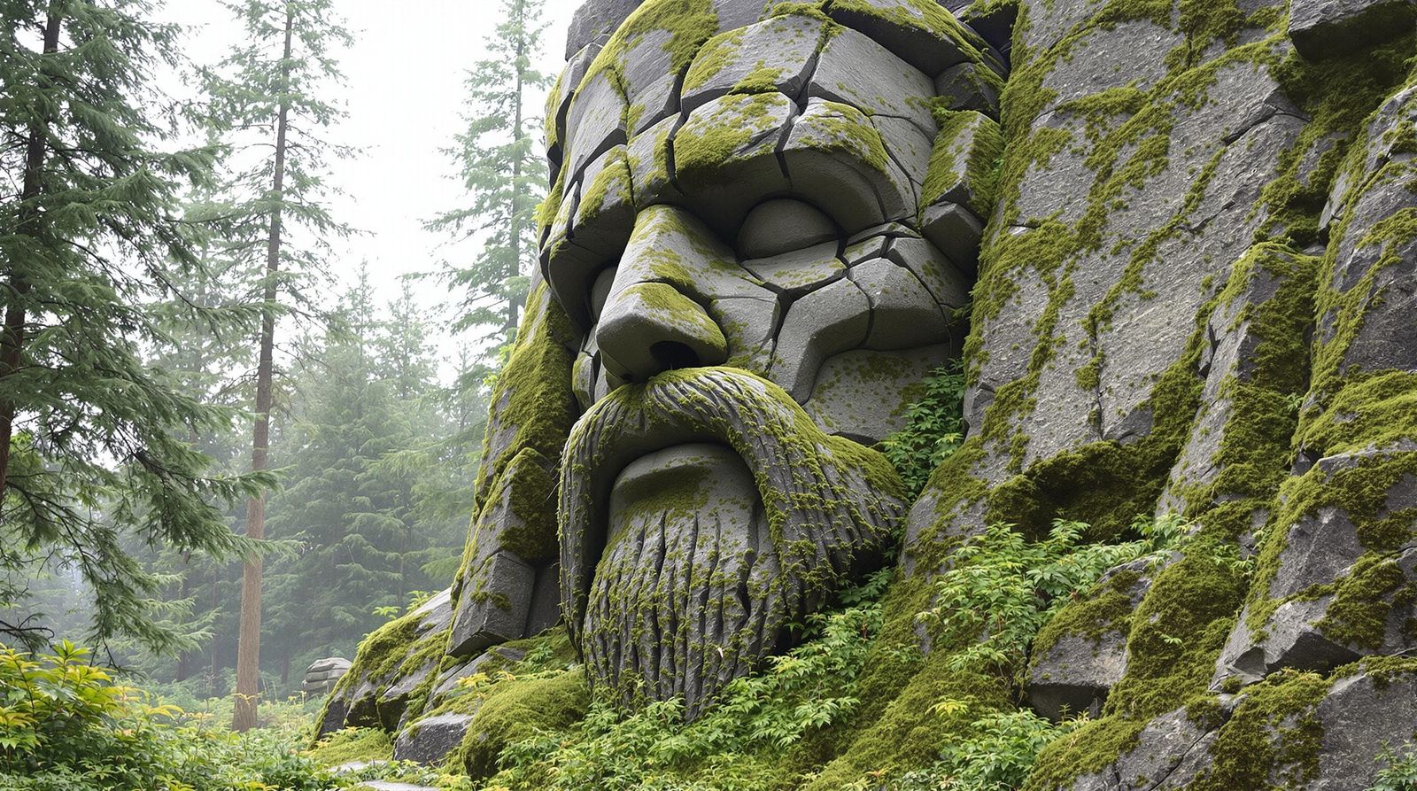 Ancient King's Weathered Stone Face in a Gothic Landscape