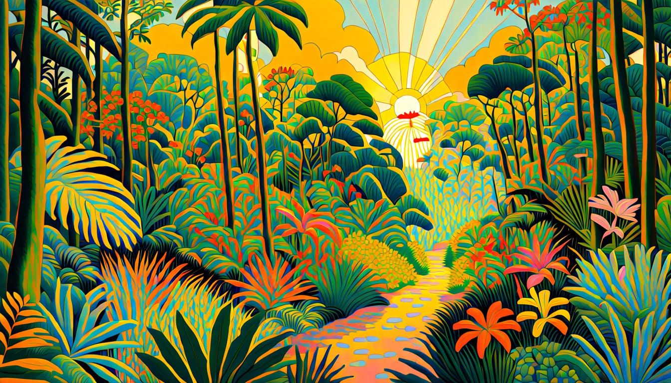 Vibrant Tropical Jungle Landscape in Naive Style