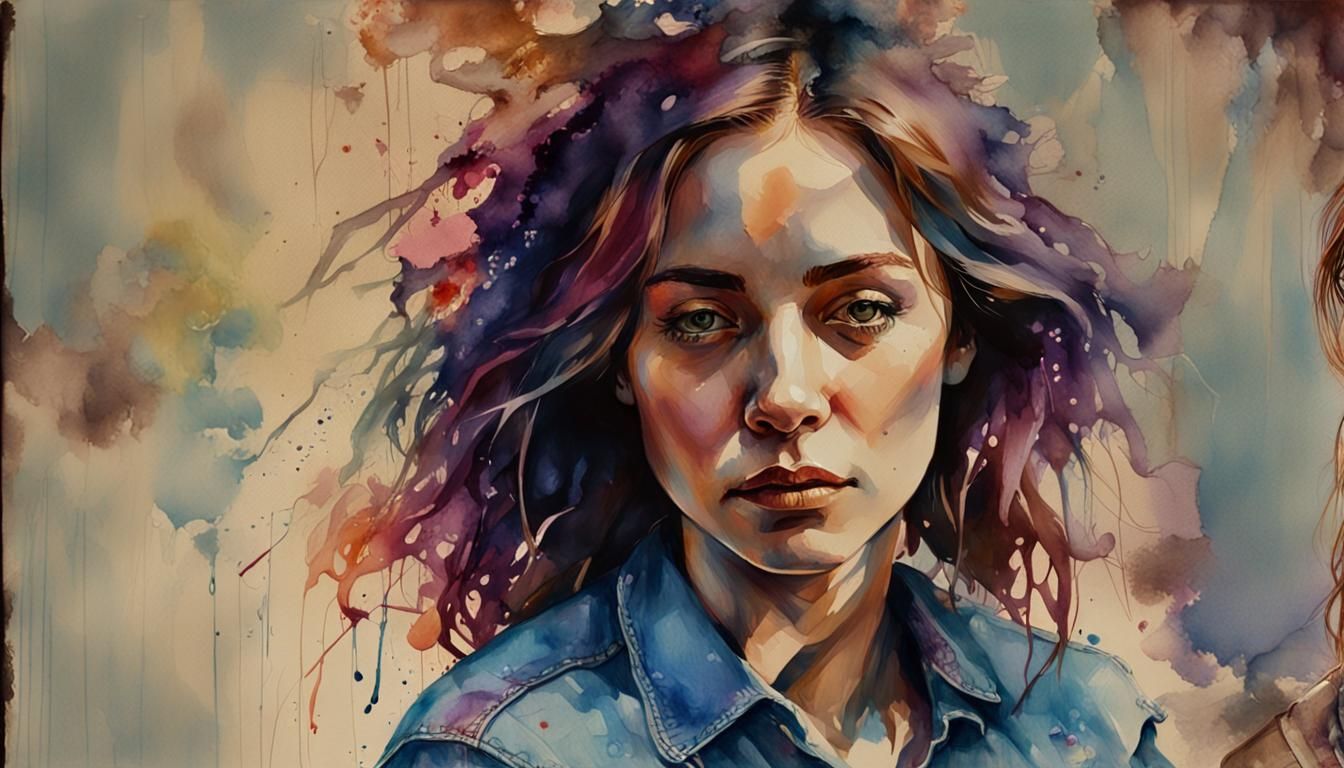 Woman Playing Guitar in Vibrant Watercolour Oil Painting