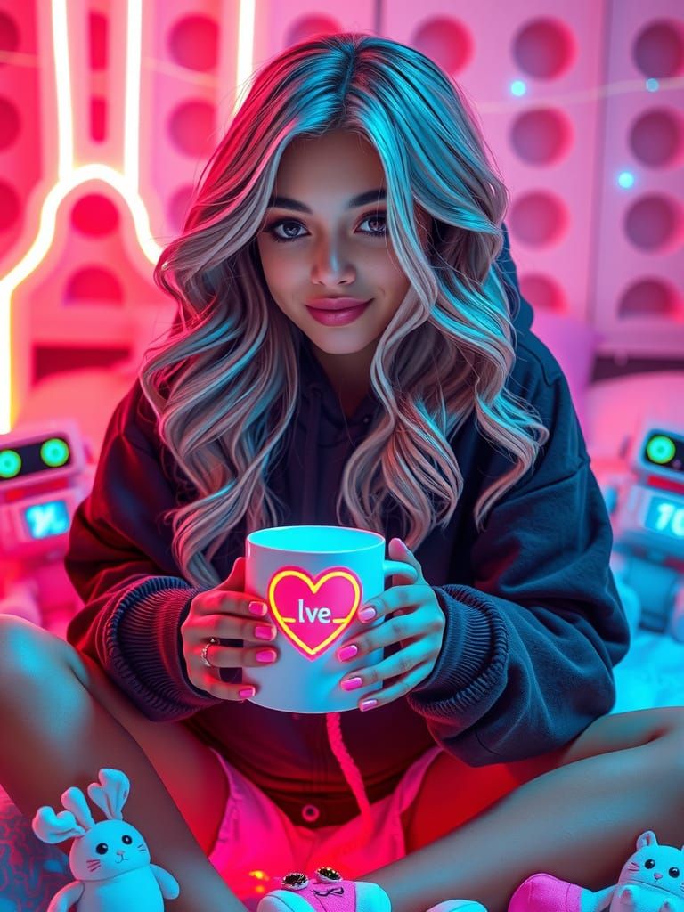 Cyberpunk Beauty with Platinum Hair in Neon Room