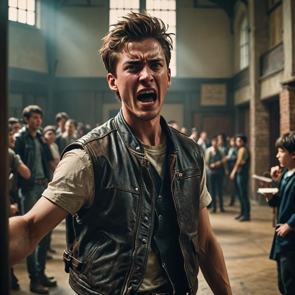 Dramatic Film Still of Angry Student Shouting