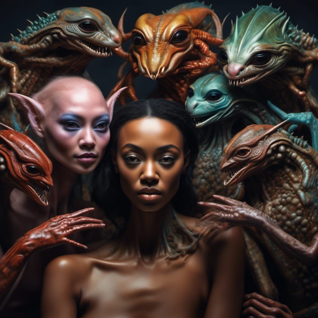 Smiling Aliens Party: Hyperrealistic Portraits