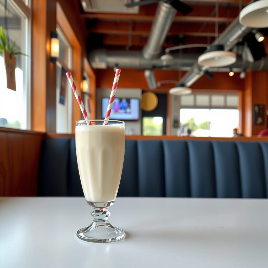 a large milk shake with two straws to share at the center of...