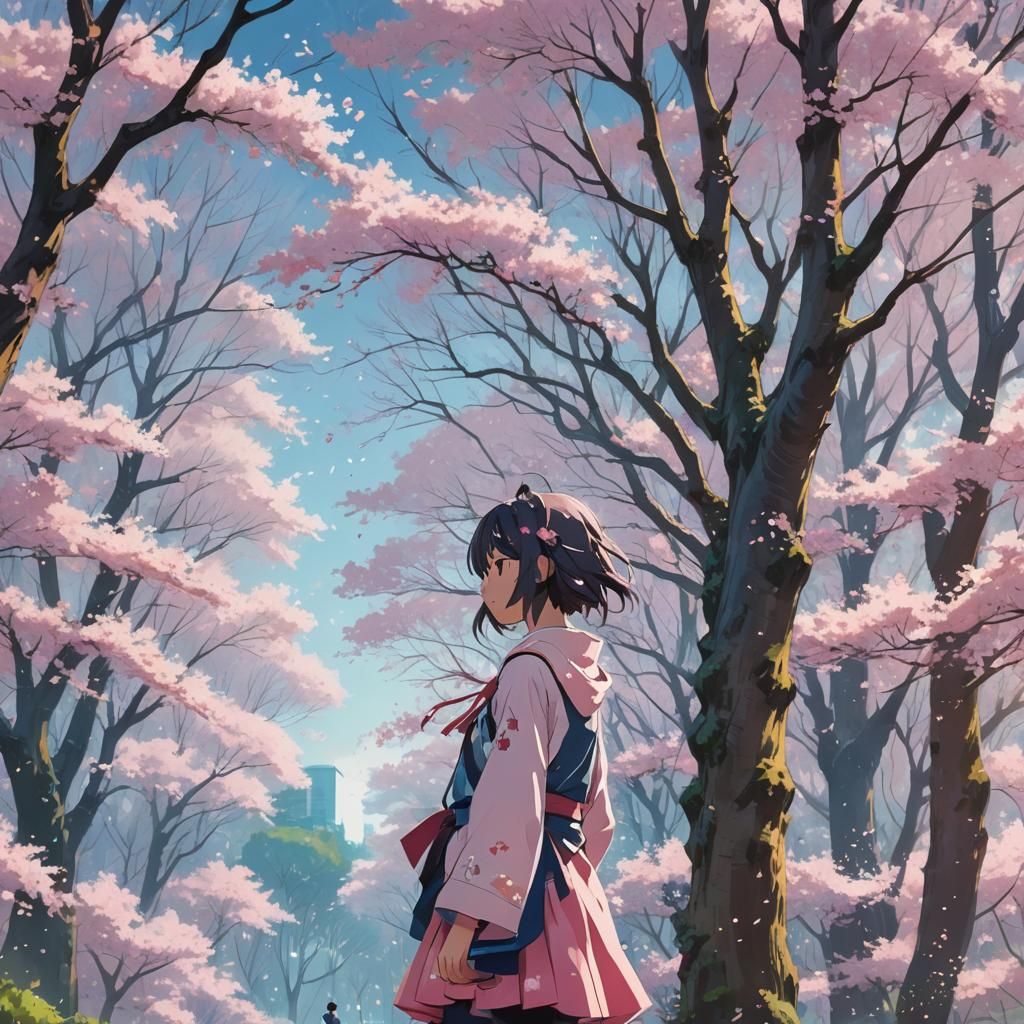 Sakura Miku in Cherry Blossom Forest: Anime Concept Art