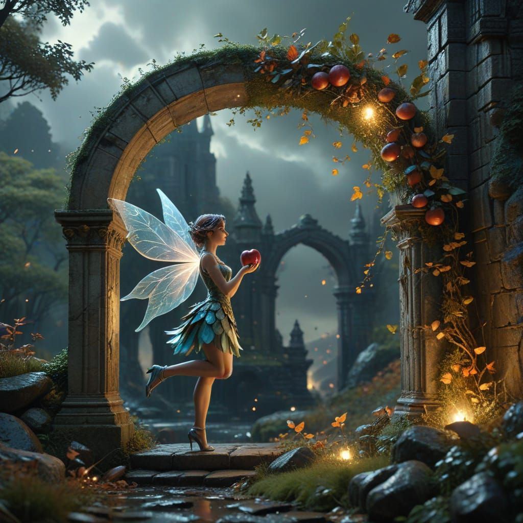 A whimsical fairy with iridescent wings and a dress made of ...