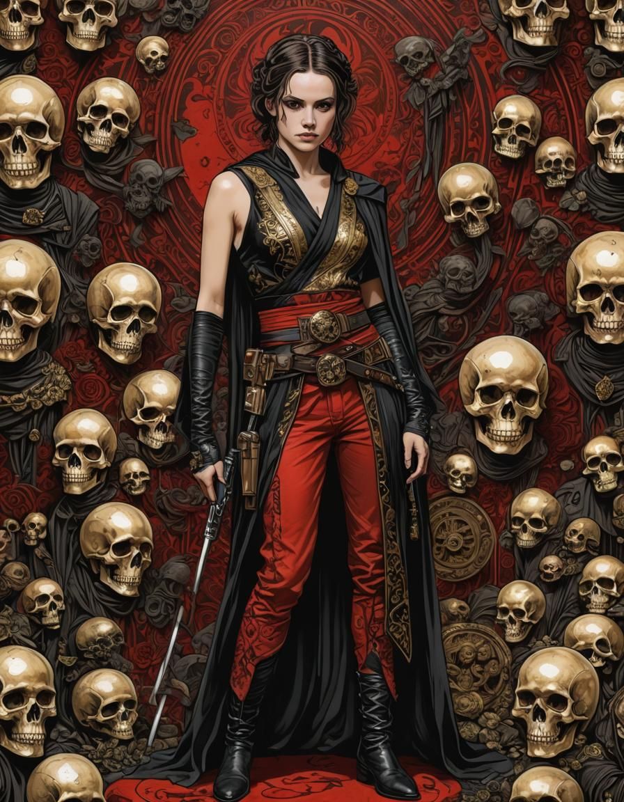 Emo Gothic Rey Skywalker Portrait in Gold and Red