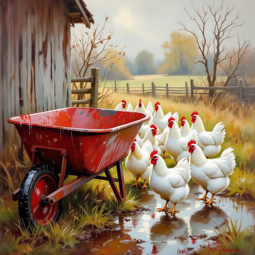Rain-Kissed Wheelbarrow with Chickens, Gurney Style