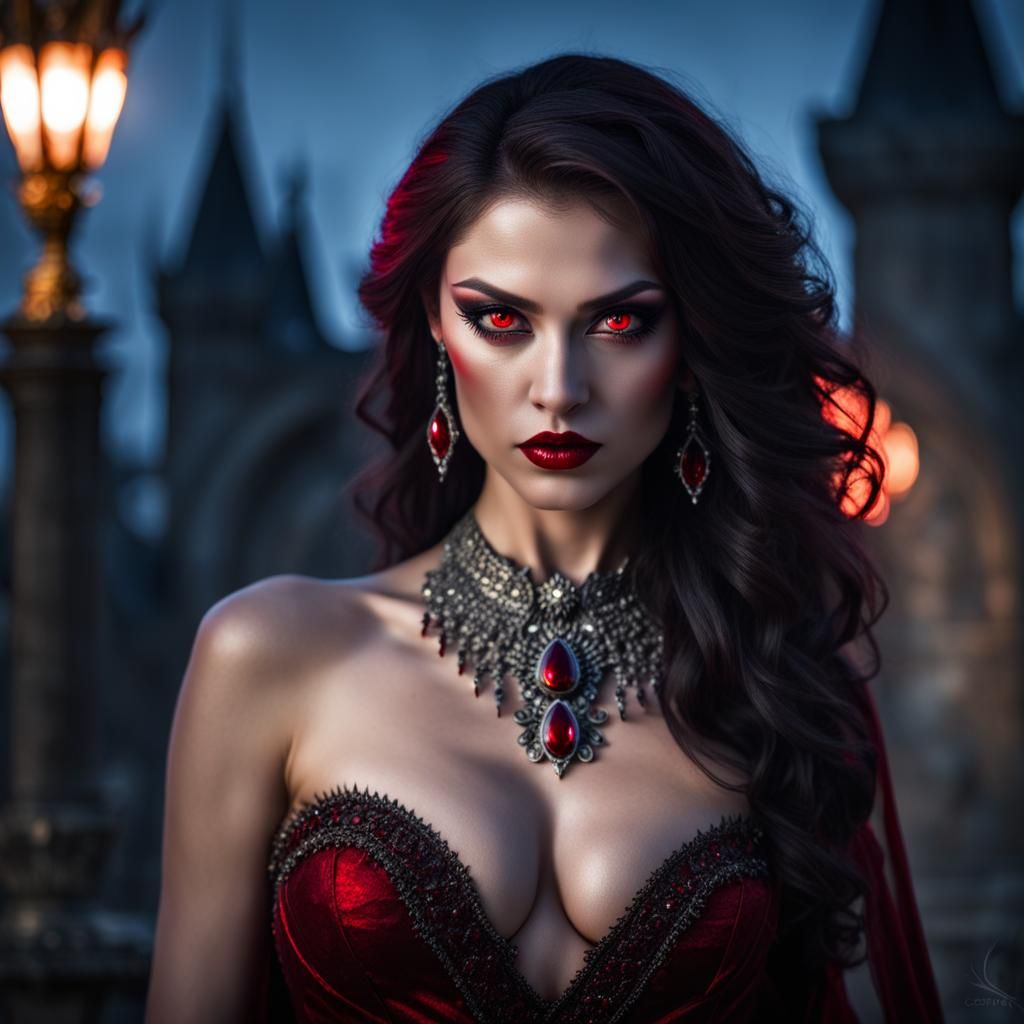 Lustrous Vampire Queen in Moonlight: Professional Photograph...